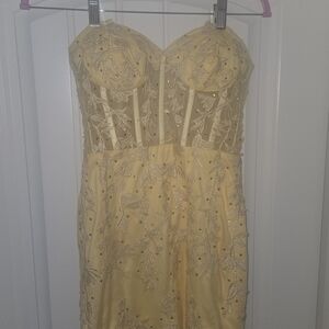 Strapless Yellow Beaded Evening Gown